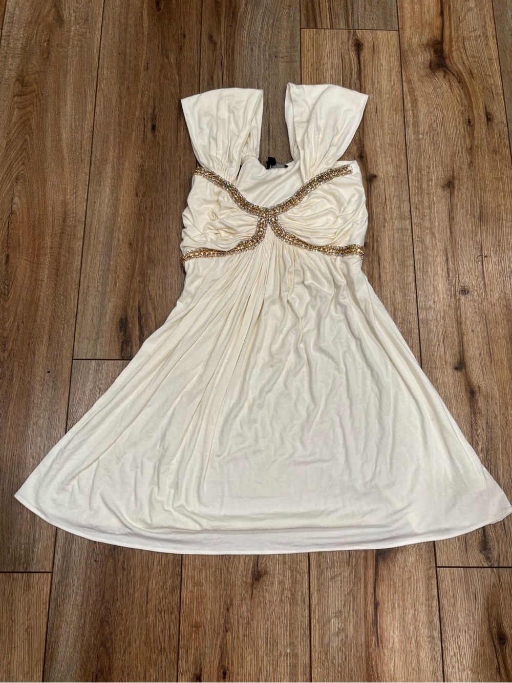 Vintage Y2K Goddess Ivory Dress with Gold Chain & Rhinestones by SKY